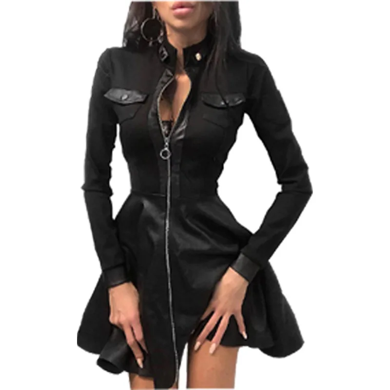 

2021 hot summer long-sleeved V-neck zipper pu pocket dress women's clothing