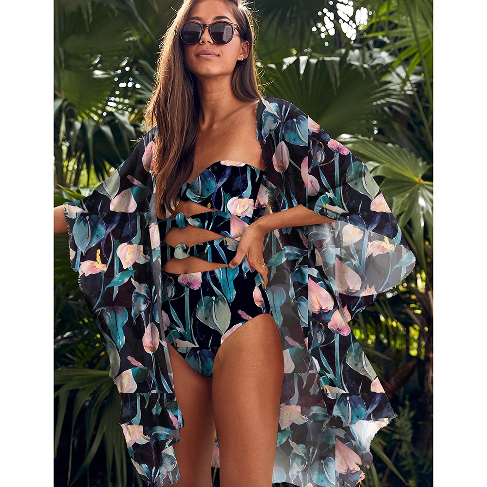 Купальник с принтом листьев Пляжная накидка туники для пляжа длинный кафтан