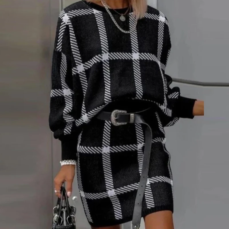 

Женский клетчатый комплект из 2 предметов, повседневный свободный свитер с круглым вырезом и мини-юбка с высокой талией в стиле ретро, Осень-зима