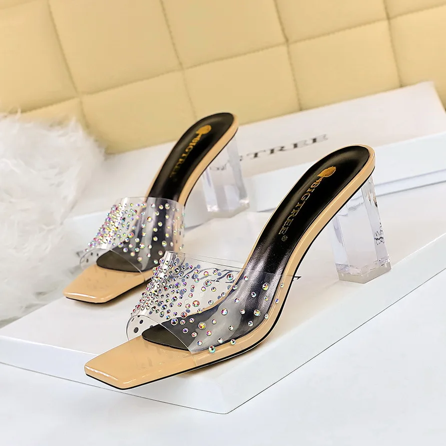 

Summer Women's Korean Fashion Transparent Crystal High-heeled Square Toe Open-toe Rhinestone Sandals and Slippers