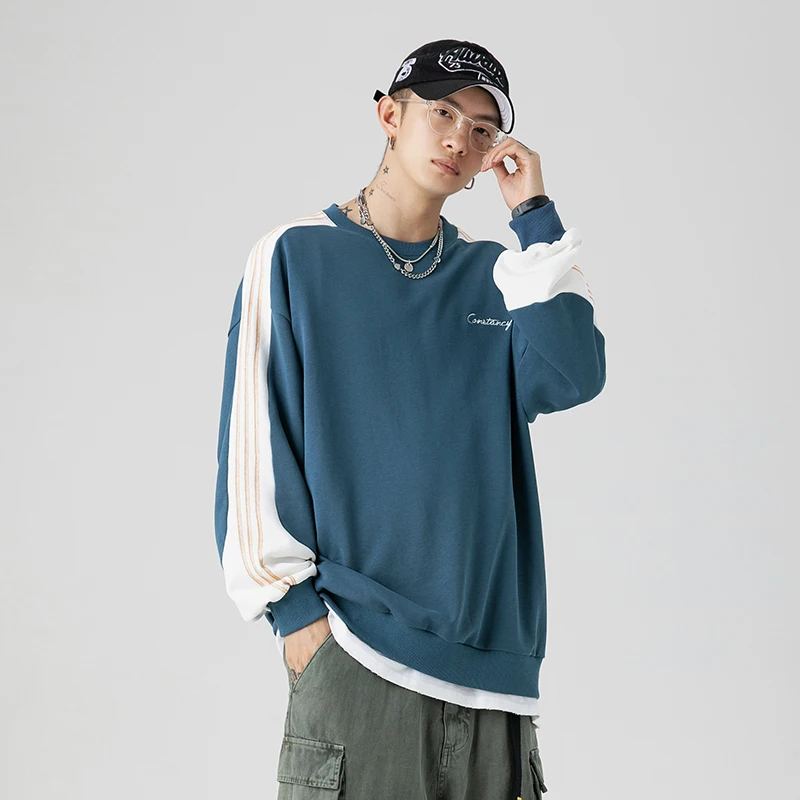 

2021 autumn new product sweater men loose stitching design contrast color all-match jacket Men