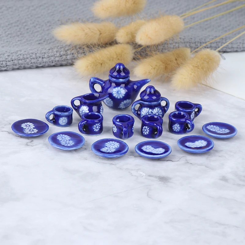 

15pcs 1/12 Dollhouse Tableware Porcelain Miniature Tea Cup Sets Mini Teapot Coffee Plate Play Kitchen Dining Ware Toy