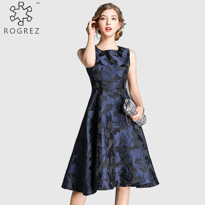 ROGREZ синее Элегантное повседневное платье без рукавов с круглым вырезом для
