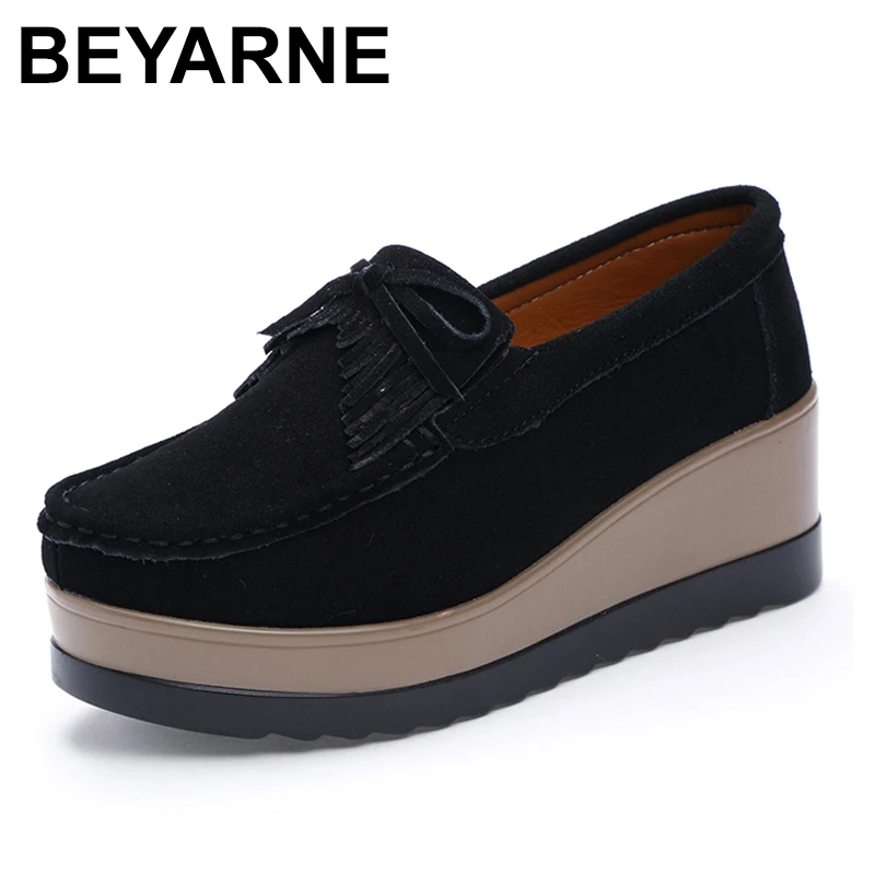 BEYARNEAutumn Women Platform shoes leather suede plush slip on sneakers chaussure woman tassel fringe loafers women shoesE027