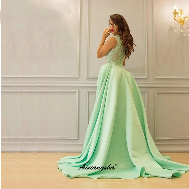 

Light Green A Line Elegant Split Front Evening Dresses Lace Long Satin Party Dress Robe De Soiree Backless Formal Gowns