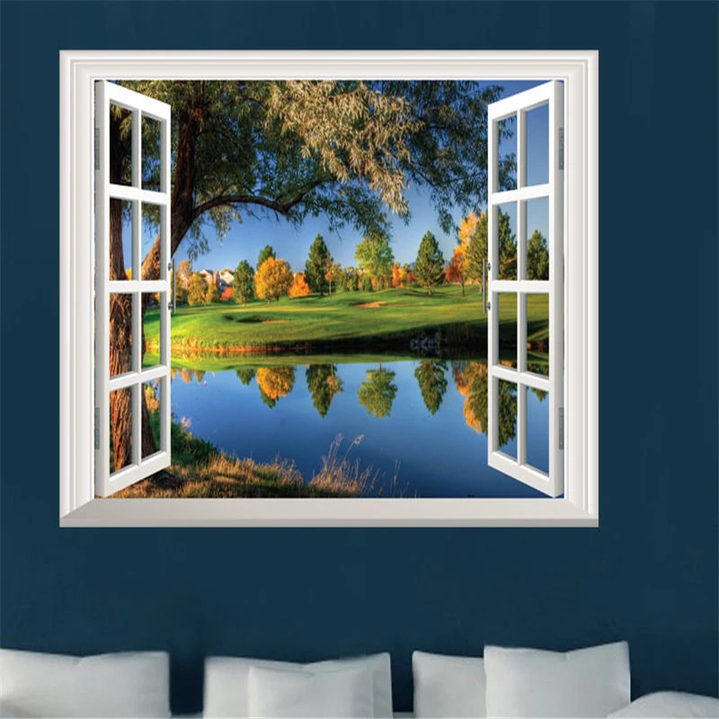 Лидер продаж 2019 наклейка на стену 3D окно озеро большое дерево пейзаж натуральное