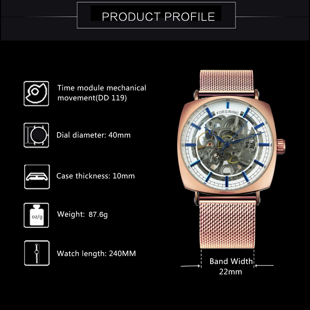 FORSINING Top Brand Luxury Automatic Watch Men Skeleton Mechanical Watches Fashion Rose-Gold Square Wristwatches Men's Gift Xmas |