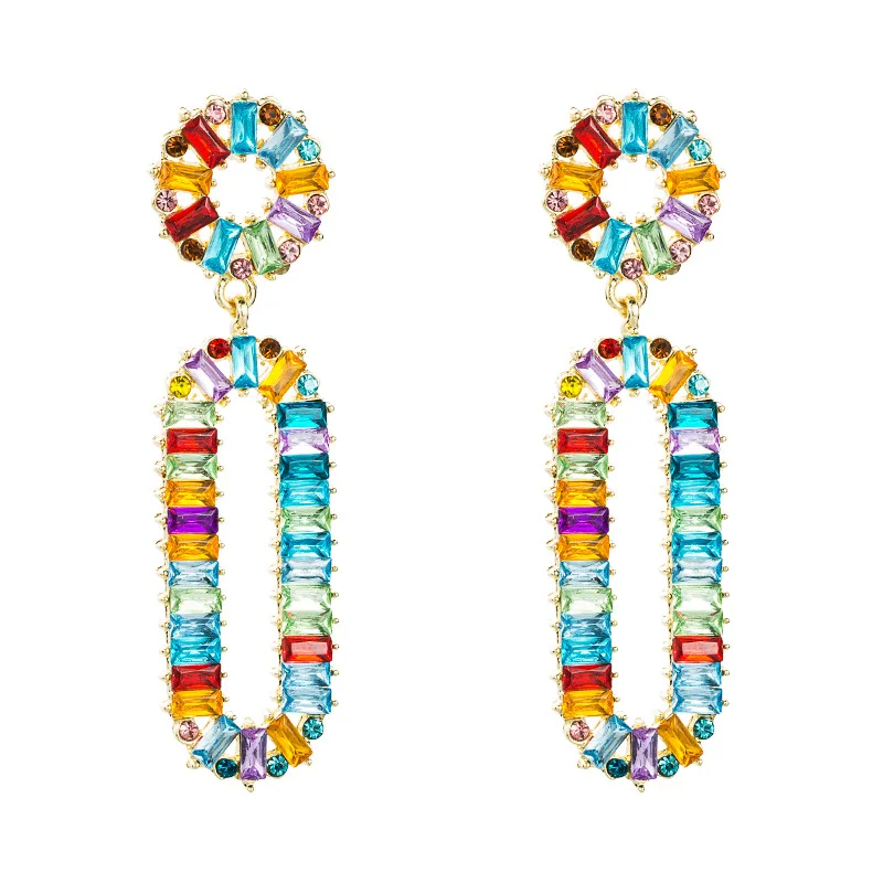 

Minar Temperament Geometrical Oval Multicolor Rhinestone Dangle Earings for Women Elegant Hollow Out Earings Party Jewelry