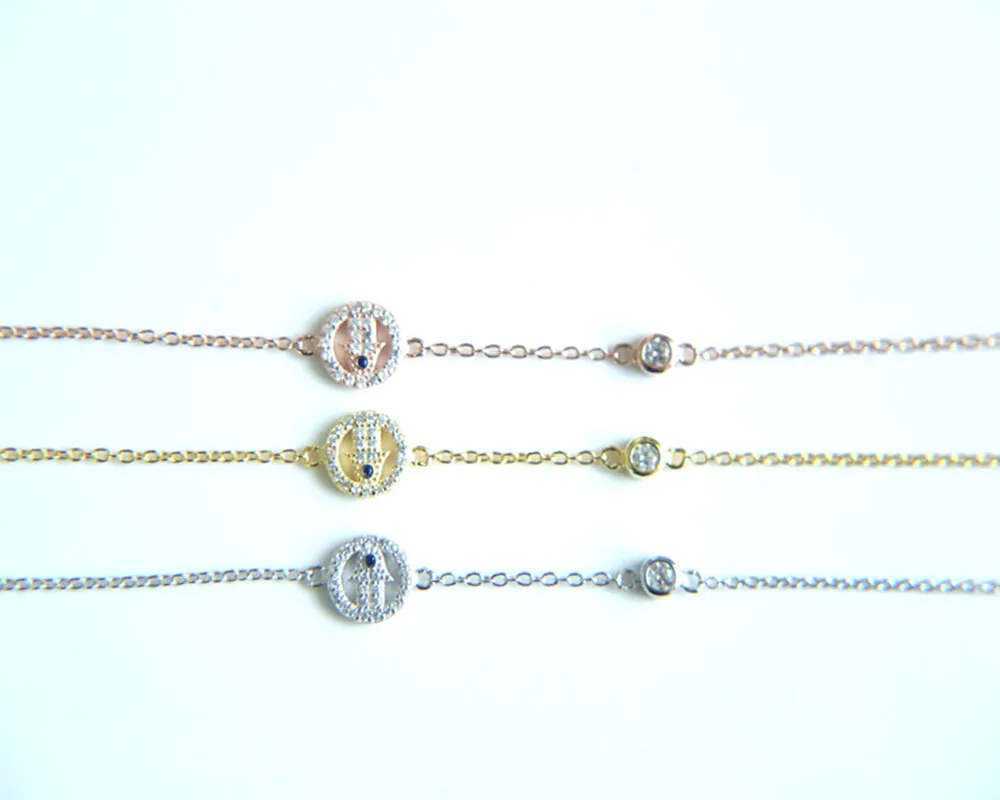 100% 925 sterling silver simple girl women cute jewelry bezel cz hamsa hand connector delicate fine chain bracelets | Украшения и