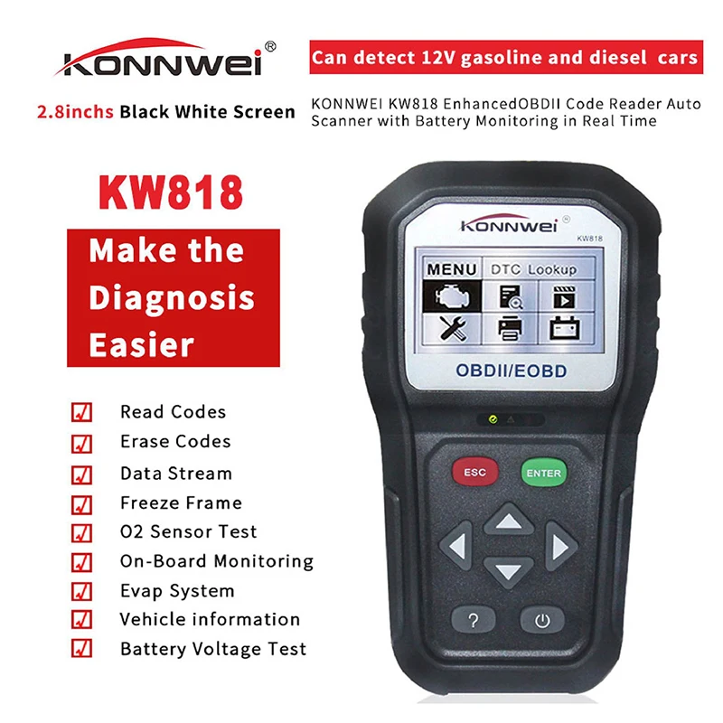

Считыватель кода автомобиля KONNWEI KW818, 12 В, диагностический инструмент для проверки освещения двигателя после 1996 OBD2, сканер