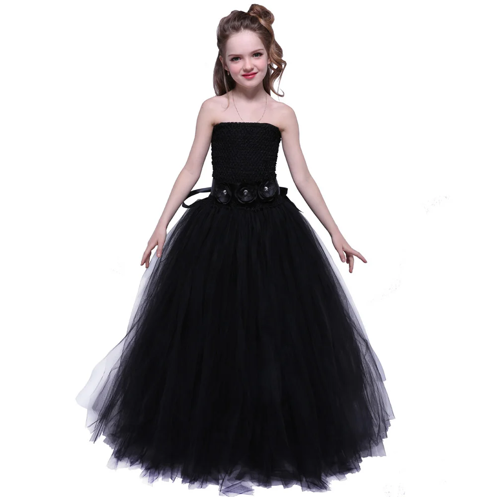Платье из тюля с цветочным узором для девочек Черное платье малышей и детей