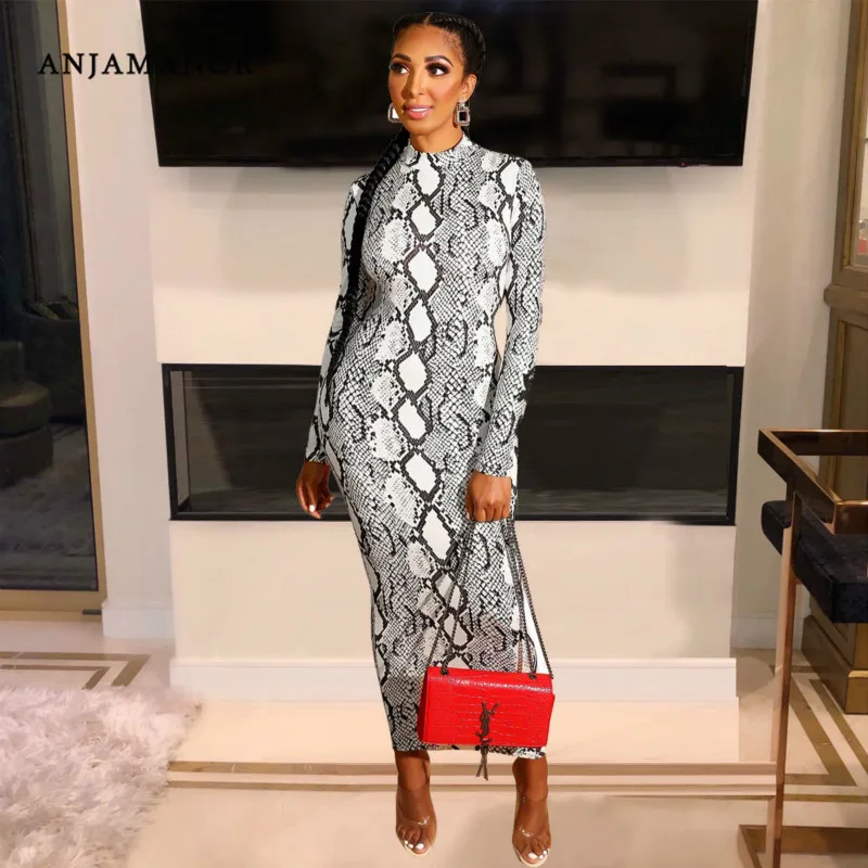 ANJAMANOR Сексуальное Женское Платье Осень змеиный принт спереди молния с длинным