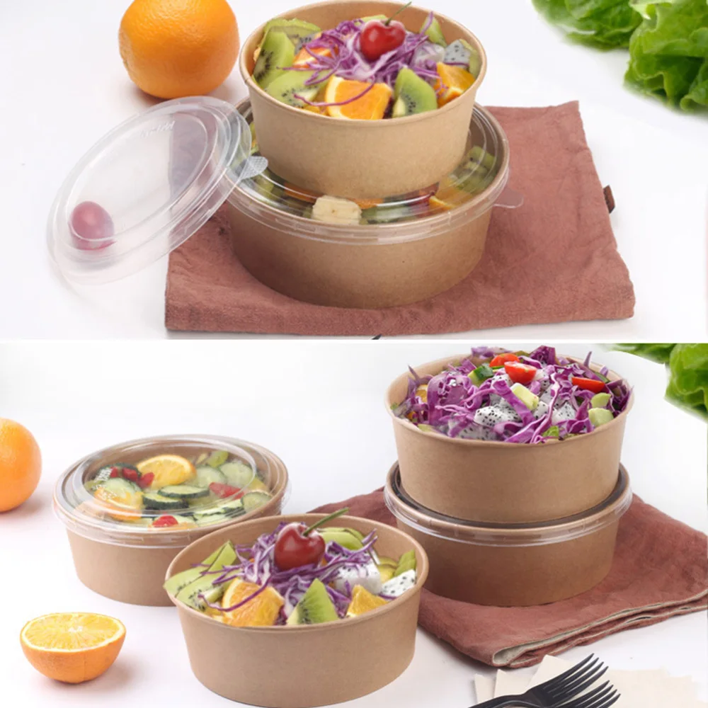 

20pcs Disposable Kraft Paper Bowls Fruit Salad Bowl Food Packaging Containers Party Favor (16oz, with Lid)