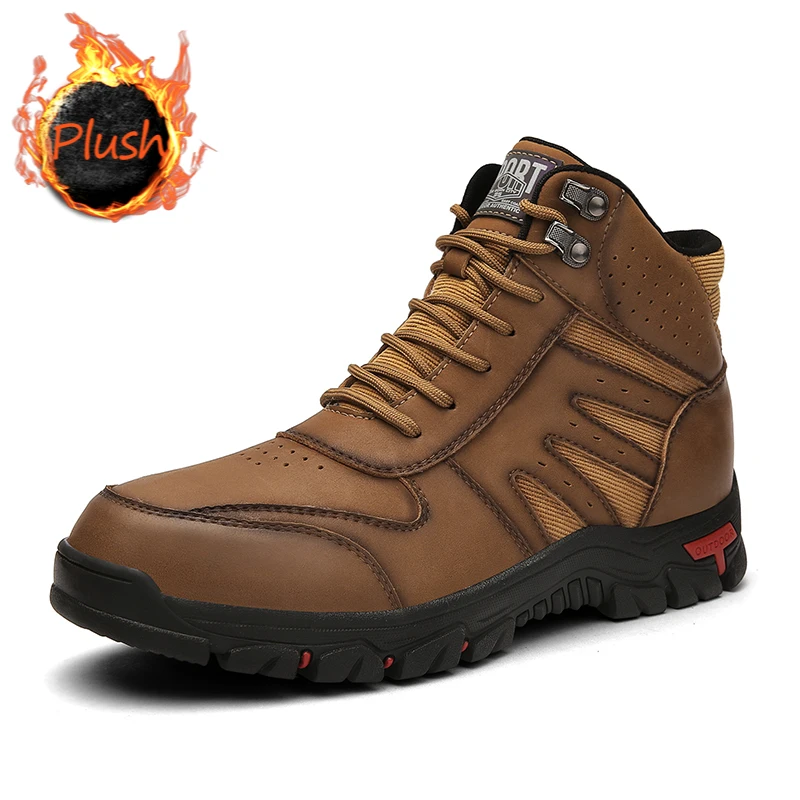 

Outdoor Hiking Shoes Plush Men Outdoor Trekking Boots Winter Mens Walking Shoes Non Slip Men Boots Genuine Leather Rubber Sole