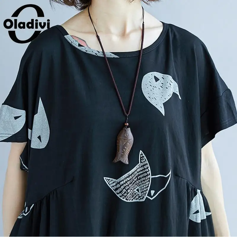 

Oladivi Plus Size Women Fashion Print Casual Loose Dress Ladies Loose Style Summer New Dresses Female Long Top Tunics Vestidios