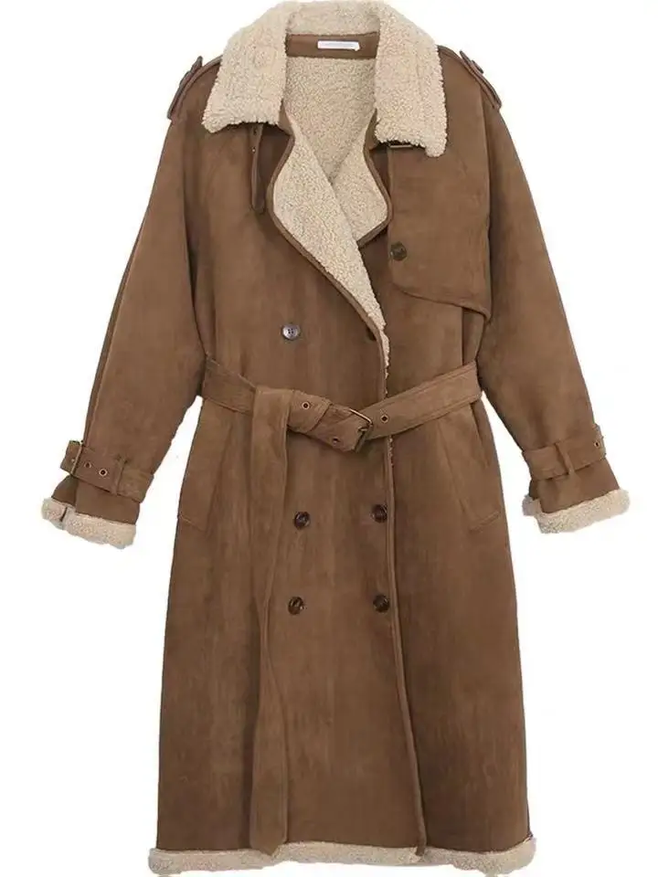 Female New Mid-length Loose Jacket Casual Double-breasted Belt Lapel Women Coat 2022 Winter Women Cashmere Lamb Wool Coat