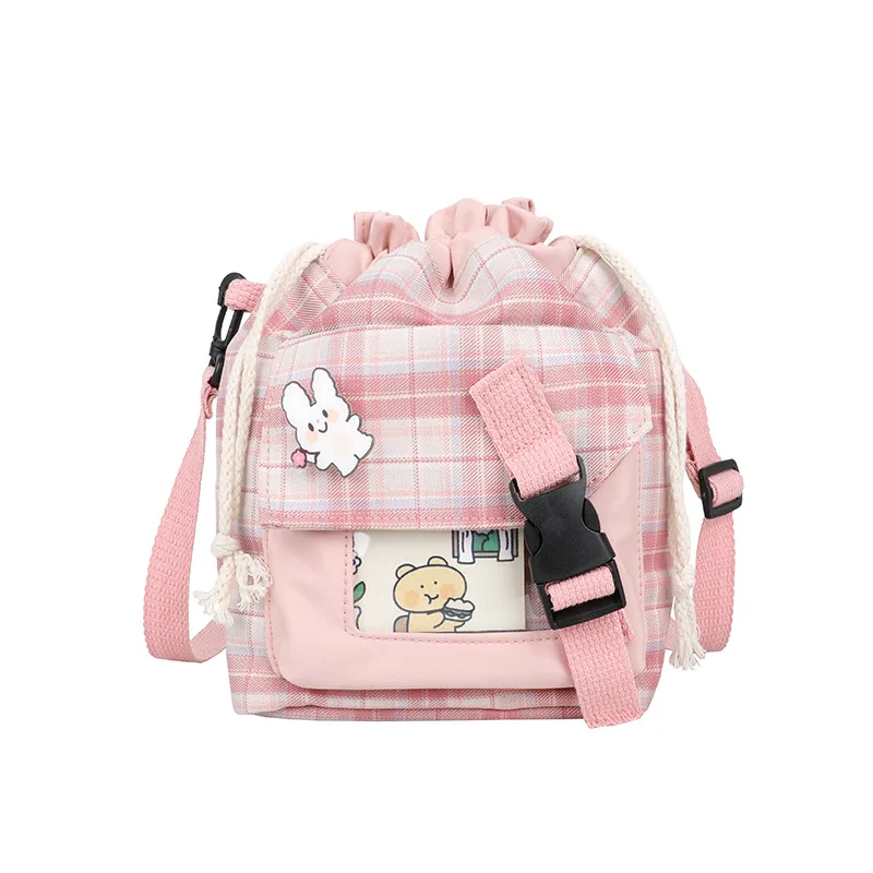 2021 New Children's Bag Japanese Cute Cartoon Lattice Shoulder Bag College Style Canvas Messenger Bag