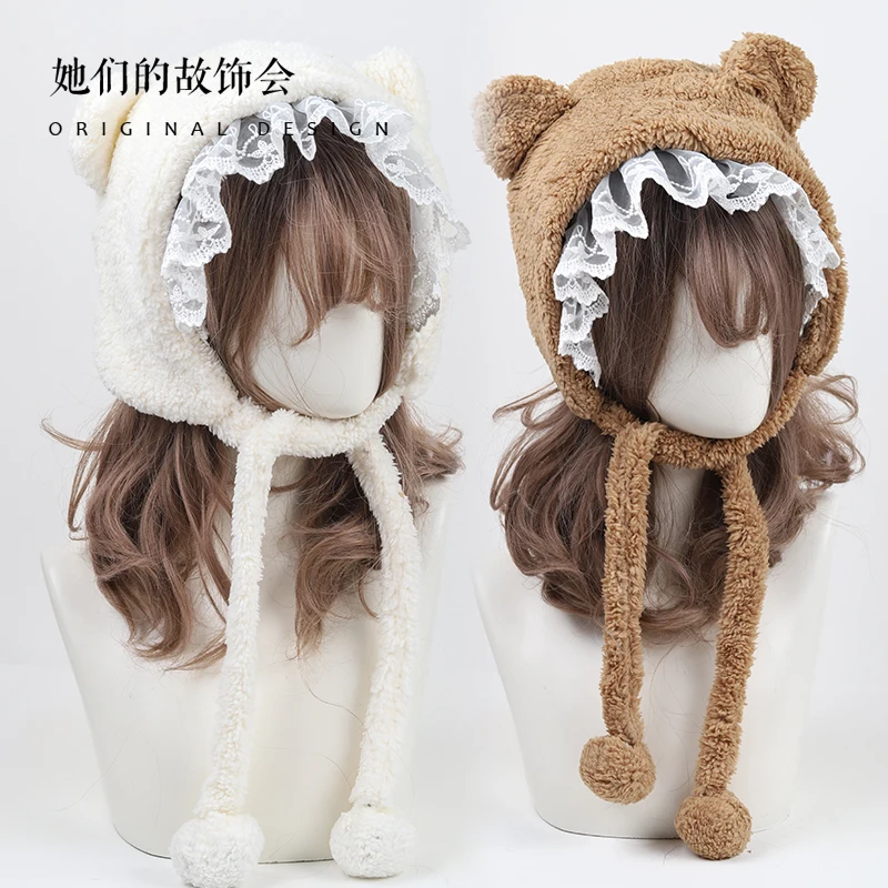 

Japanese Cute Lace Ushanka Women Soft Sister Little Bear Earmuffs Cap Lolita All-match Plush Keep Warm Baotou Hat Girl Winter