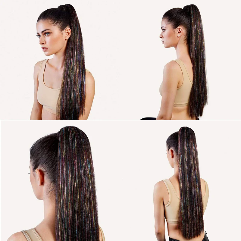 

Long Straight Bright Lines Ponytail Wrap Around Clip In Hair Extension Heat Resistant Synthetic Pony Tail 22 Inch Fake Hair