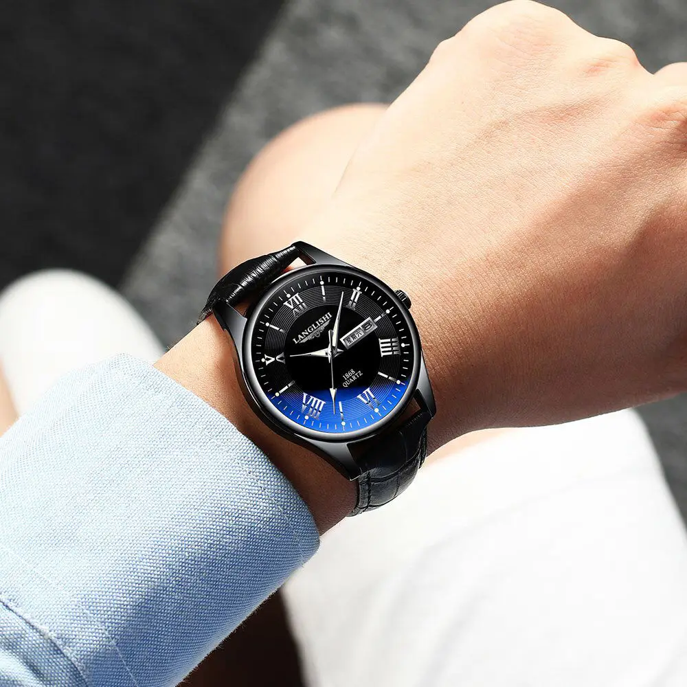 

LANGLISHI 2021 Men Watches Casual Fashion Wristwatch Top Brand Luxury Waterproof Luminous Leather Quartz Clock Relogio Masculino