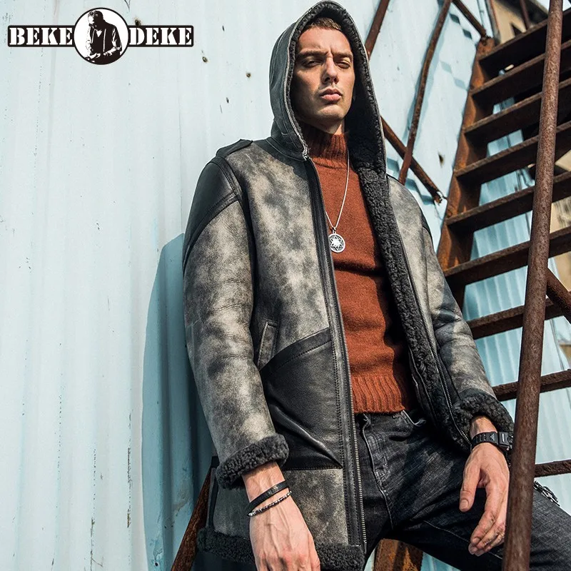 

Luxury Mens Winter Thick Wool Lining Real Fur Coat Slim Fit Hoody Genuine Leather Natural Shearling Jacket Military Mid Overcoat