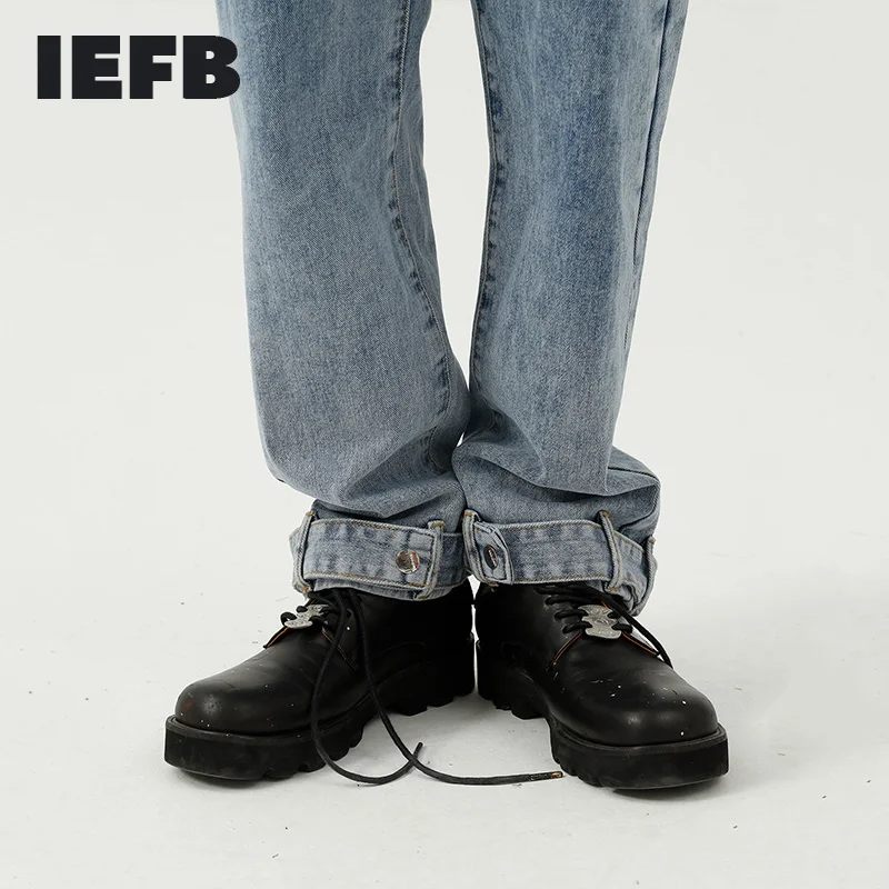 

Джинсы IEFB мужские прямые Голубые, уличная одежда в Корейском стиле, модные дизайнерские брюки из денима с завязками, 9Y8165, 2021