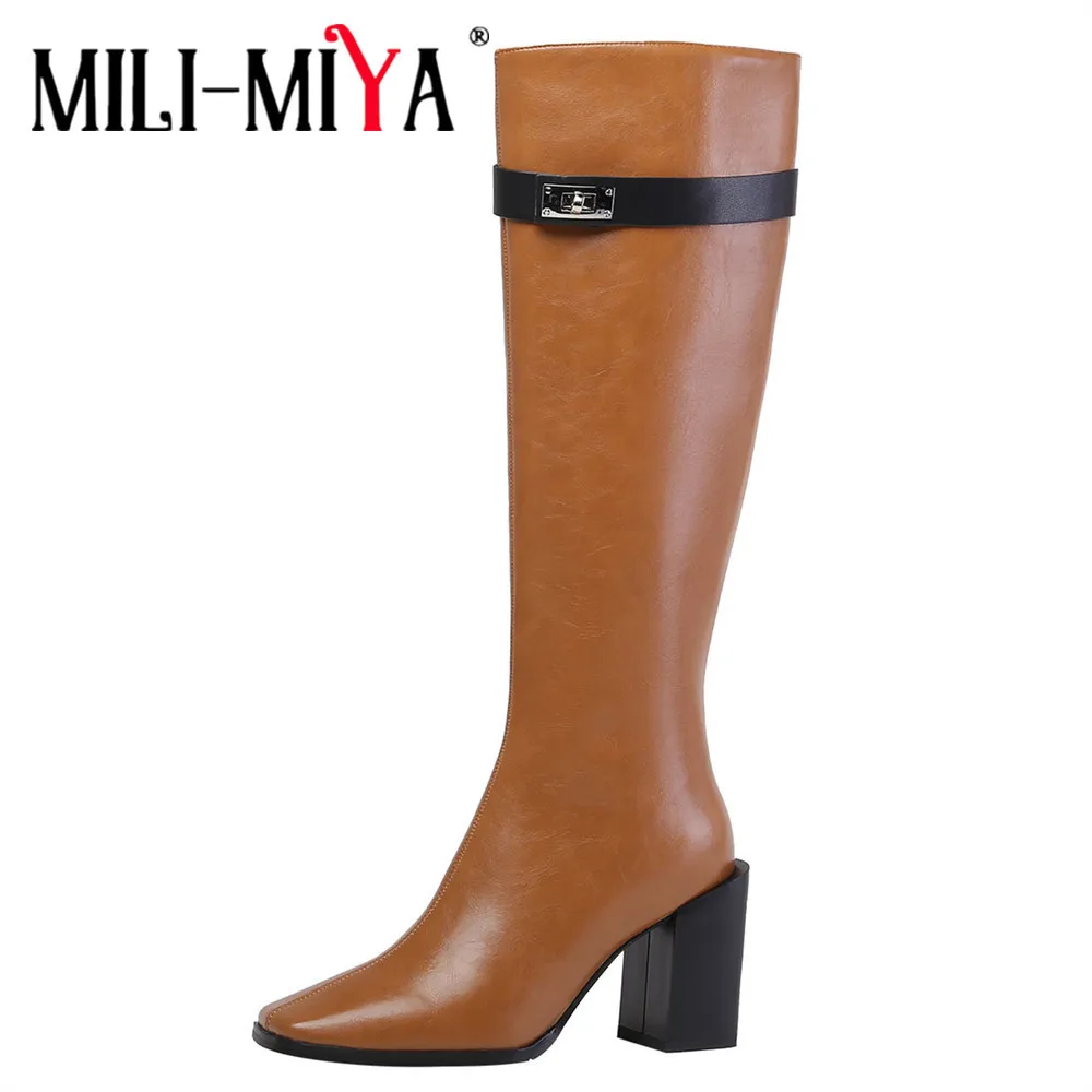 

MILI-MIYA Hot Sale Women Knight Knee High Boots Square Toe Thick Heels Solid Color Brown Black Daily Footwear Plus Size 34-42