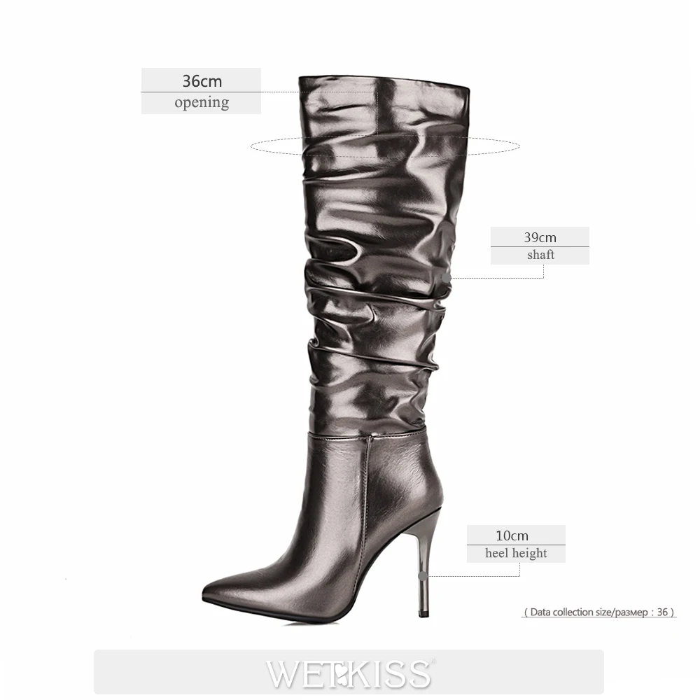 

WETKISS Glossy Metal Pu Women Knee High Boots Pointed Toe Thin High Heel Pleated Shoes Ladies Slouchy Autumn Winter Boots 2020