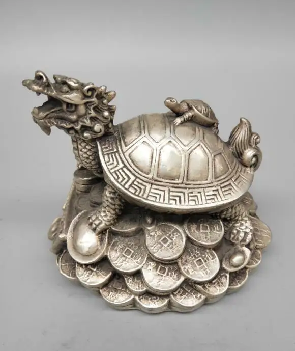 

Chinese Archaic White Copper Dragon Turtle Lucky Wealth Statue