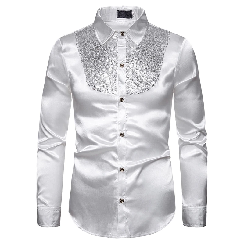 White CYSINCOS мужские роскошные нарядные рубашки с блестками, шелковые атласные блестящие вечерние рубашки с длинным рукавом для дискотеки, мужские рубашки для сценических танцев - Цвет: White