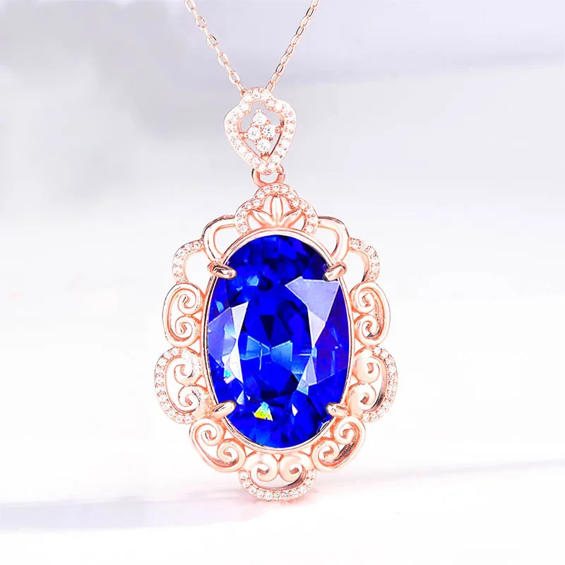 

Vintage Jewelry Luxury Geometric Hollow Rose Golden Pendant Necklace Inlay Oval Blue Big Zircon Women's Wedding Romantic Choker