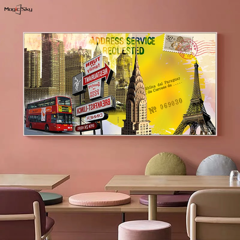 

Retro London Bus Paris Eiffel Tower European Architecture Vintage Poster Canvas Painting for Home Decoration Wall Art Room Decor