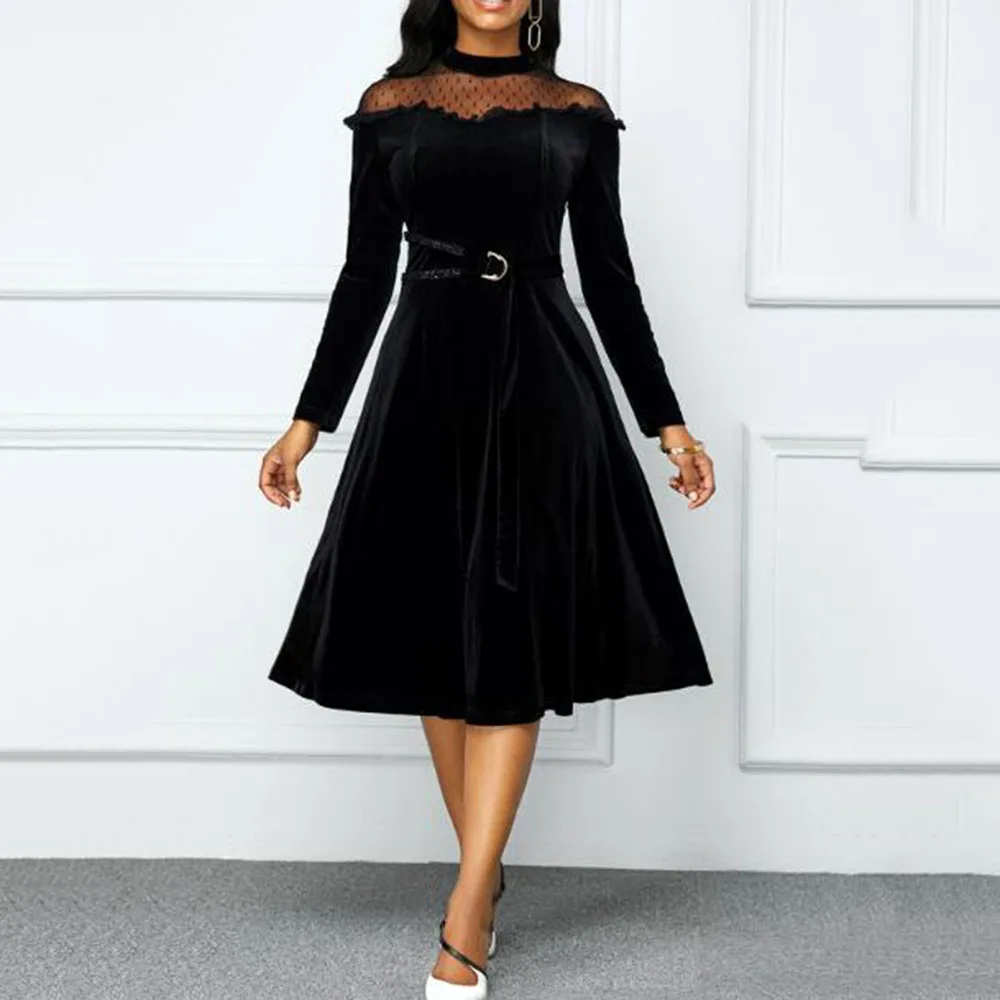 Сексуальное Сетчатое лоскутное прозрачное бархатное платье миди для женщин