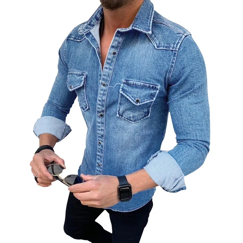 MJARTORIA модная мужская джинсовая рубашка с длинным рукавом размера плюс хлопковый