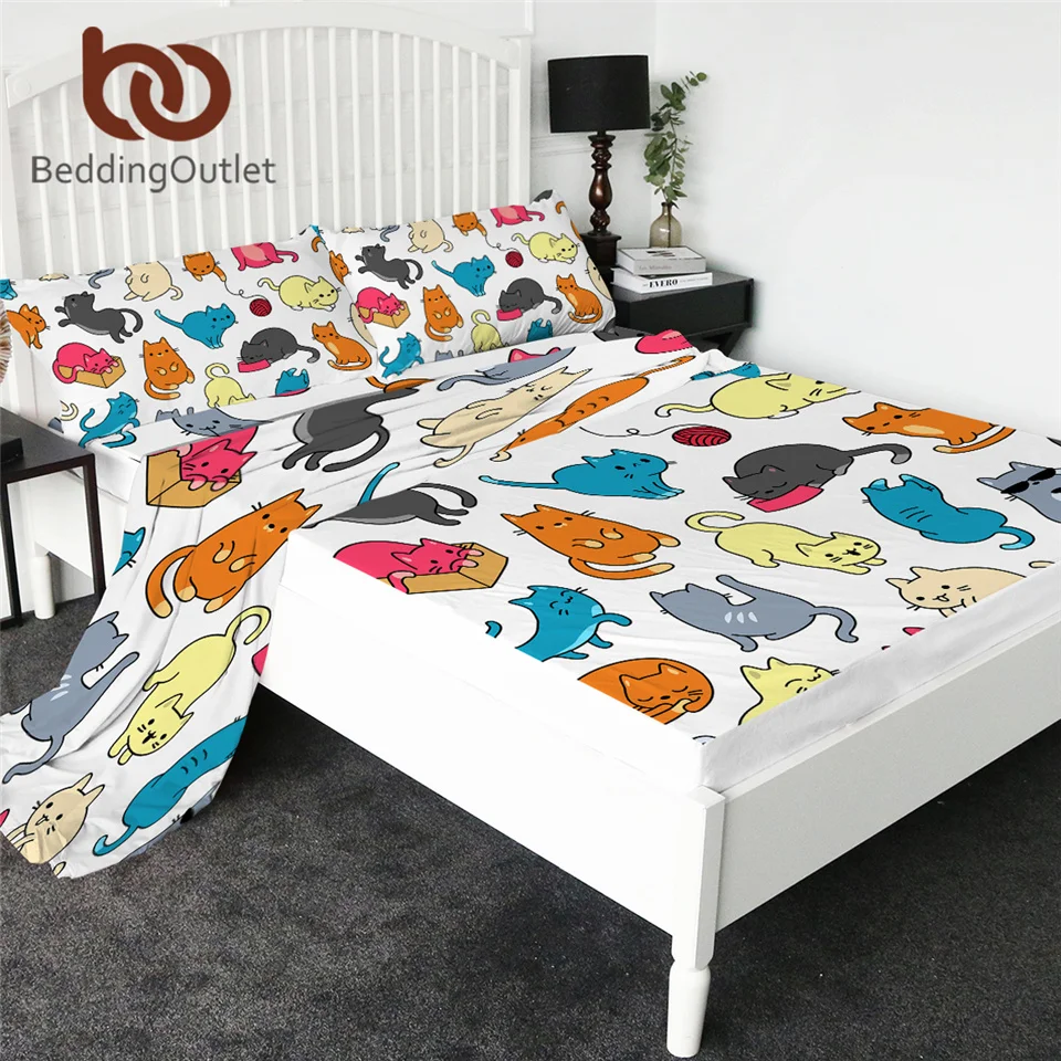 BeddingOutlet простыня с мультяшными котами, цветная простыня с единорогом, плоский лист с наволочкой, постельные принадлежности, 4 шт., наматрасник