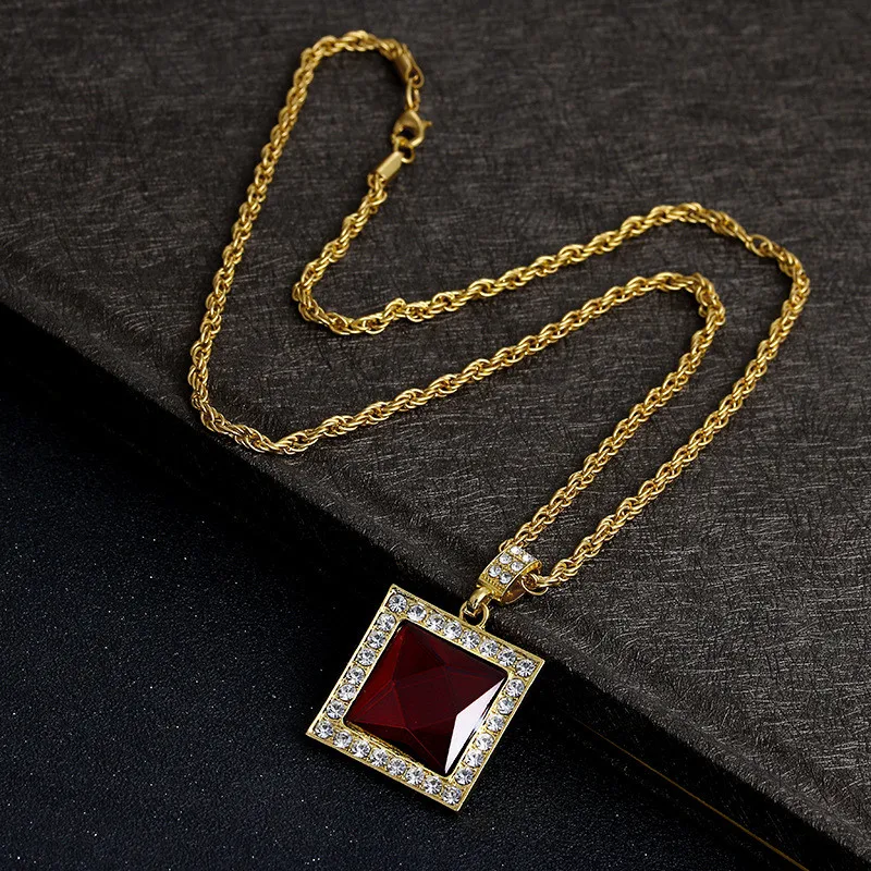 Мужское ожерелье в стиле хип хоп со льдом квадратное с кулоном из Красного камня