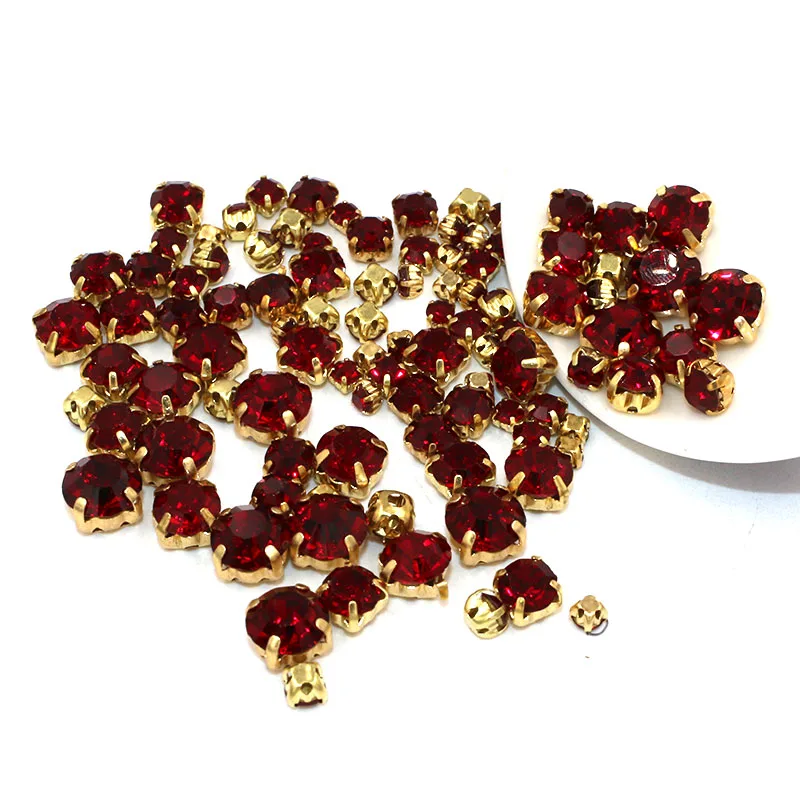 

New 100pcs/bag Mixed size Dark red glass strass Clothing loose beads gold base sewing Crystal rhinestones diy Wedding dress