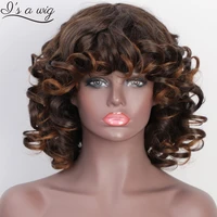 is a wig short curly afro wig with bangs dark brown black hair synthetic wigs for women heat resistant fiber daily party wigs