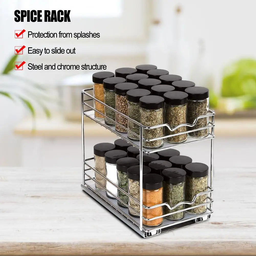 double layer stroage rack for kitchen seasoning bottle organizer metal shelf kitchen spice stroage organizer with slide rail free global shipping