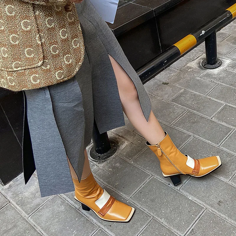 

Leather Square Toe Middle Heel Side Zipper Martin Boots Color Matching Coarse Heel Black Solid Mid-leg Women Boots