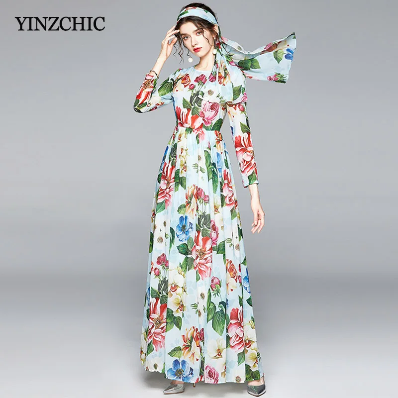 

Chiffon Floral Maxi Dress Woman Autumn New Ladies Long Print Party Dress O-neck Female Elegant Skirt Sash Femme Skirts Flower
