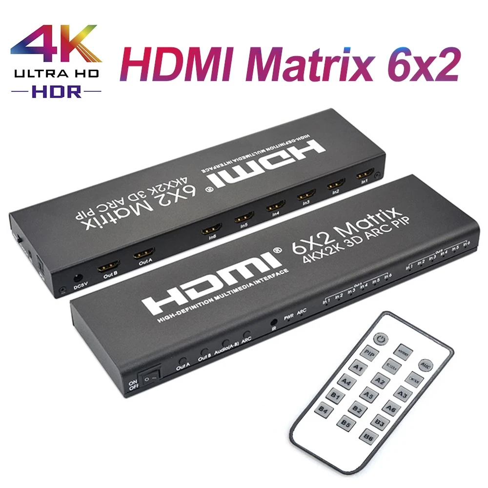 

Матрица HDMI 4K x 2k 6X2, 1080p, 60 Гц, коммутатор Martrix HDMI, сплиттер 6 в 2 выхода, видеопреобразователь 3D ARC PIP для PS3, PS4, DVD, ноутбука, ПК, ТВ