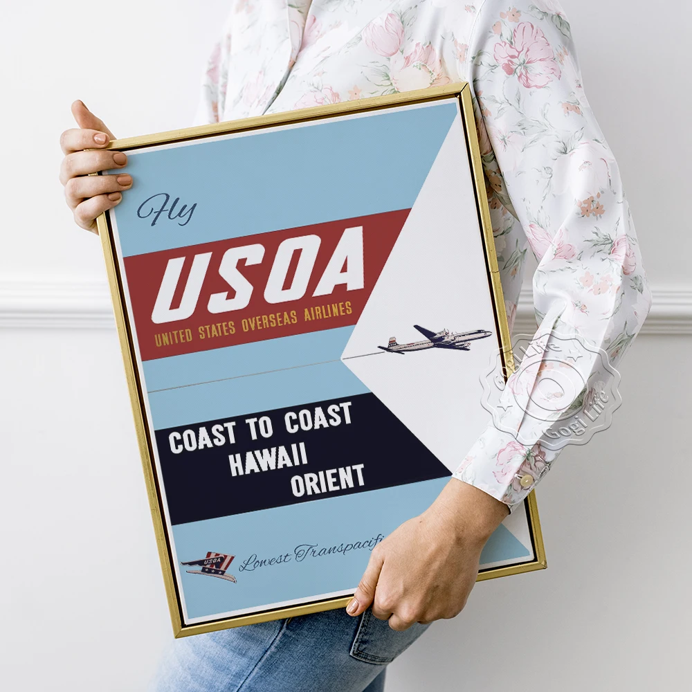 

United States Overseas Airlines Publicity Poster, Air Travel Advertising Design Wall Picture, Vintage Plane Illustrations Decor
