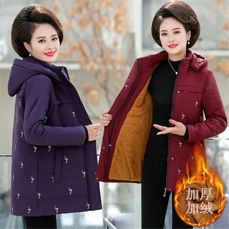 

Women's Cotton Coat Winter Jackets Mid-Long Hooded Printed Jacket Thick Warm Parkas Overcoat Plus Size 5XL Mother Dress 2020