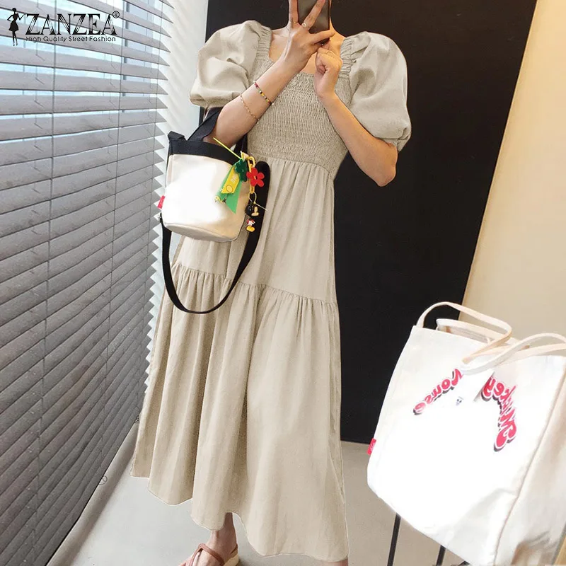 

Fashion Pleated Dress Women Summer Sundress ZANZEA 2022 Casual Puff Sleeve Midi Vestidos Female Square Neck Robe Femme Oversize