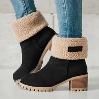 womens boots new winter shoes fur snow boots warm plush womens shoes square high heels ankle boots black botas de mujer