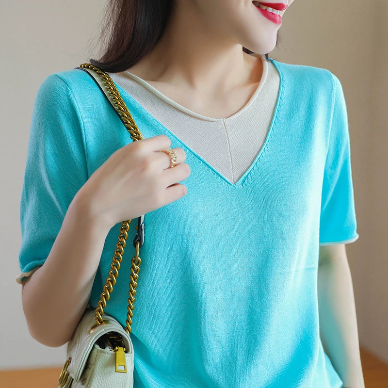 

High quality cotton and linen T-shirt ladies V-neck short-sleeved summer basic casual loose T-shirt 2021 summer ladies top