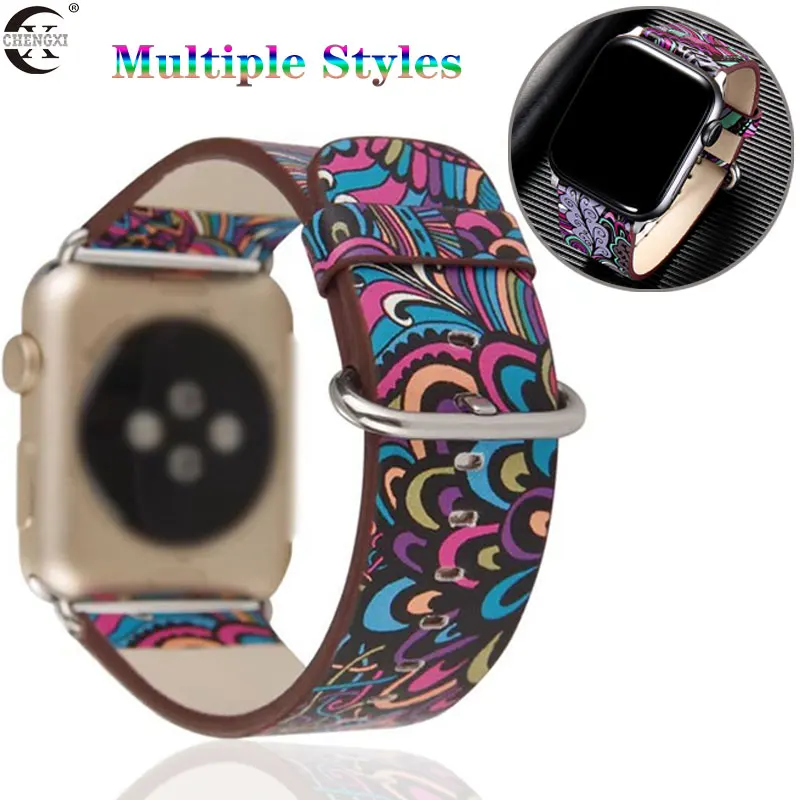 Кожаный ремешок для Apple Watch 5 4 38 42 мм регулируемый креативный узор браслет с
