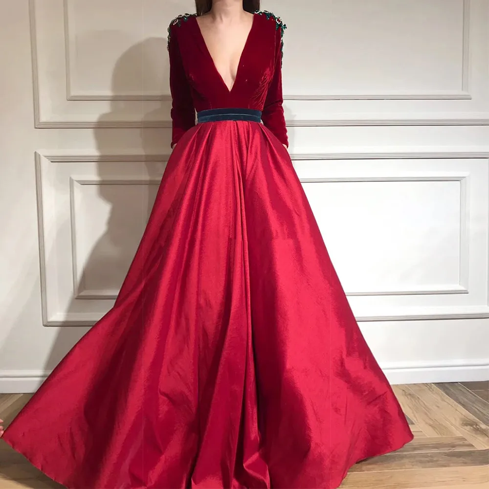

Sexy Deep V Neck Top Velvet Evening Dresses 2020 Elegant Satin A Line Floor Length Formal Evening Prom Gowns with Pockets