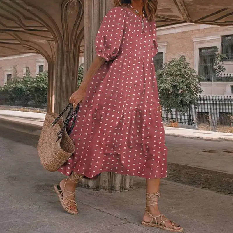 

Bohemian Midi Dress 2021 VONDA Summer Puff Sleeve Sundress Vintage Printed Polka Dot Party Dresses Beach Robe Sundress Vestido